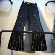 Women autumn elastic denim flare pants black solid diamonds striped ankle length slim jeans ladies high waist Rhinestone trouser