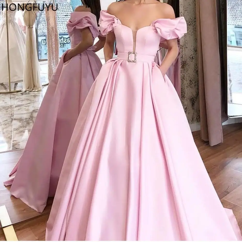 HONGFUYU Puffy Sleeves Satin Prom Evening Dresses Long Vestido De Noiva Party Gowns with Pockets Robe De Soiree вечернее платье