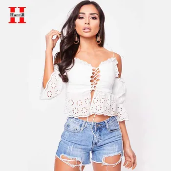 

Hollow Out Sexy Blouse Women Chest-Bow-Lace-Up Backless Crop Top Women Ruffles Flare Short Sleeve Blouses Woman Summer Tops