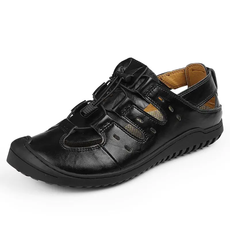 Мужские кожаные пляжные сандалии; коллекция года; летняя Уличная обувь для мужчин; дышащая повседневная обувь ручной работы; прогулочные сандалии без застежки - Цвет: black