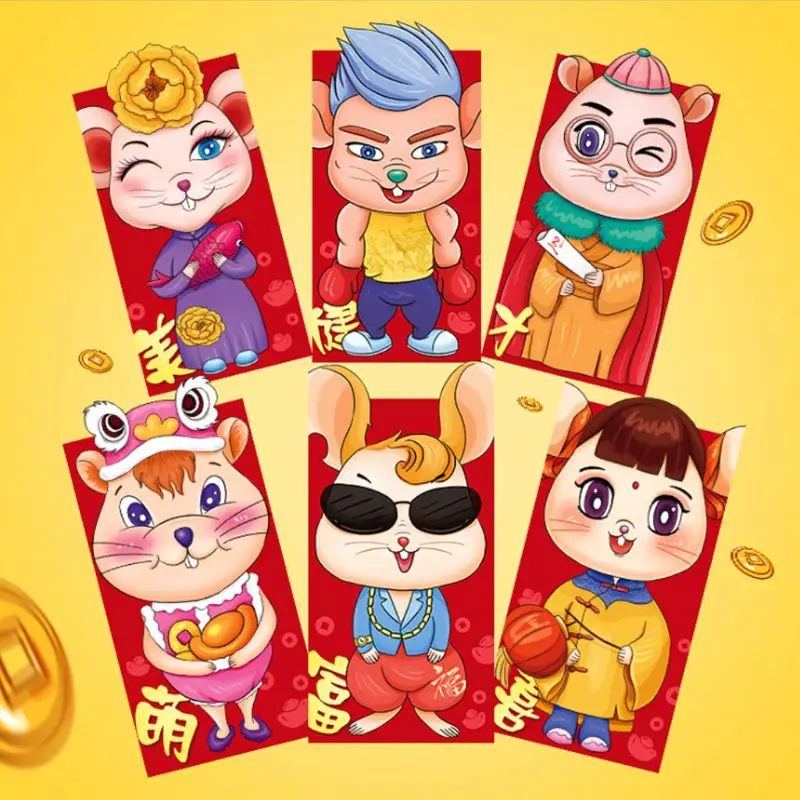 6pcs/set Chinese New Year Red Money Envelope Year of the Rat Cartoon Packet Bag High Quality and Brand New