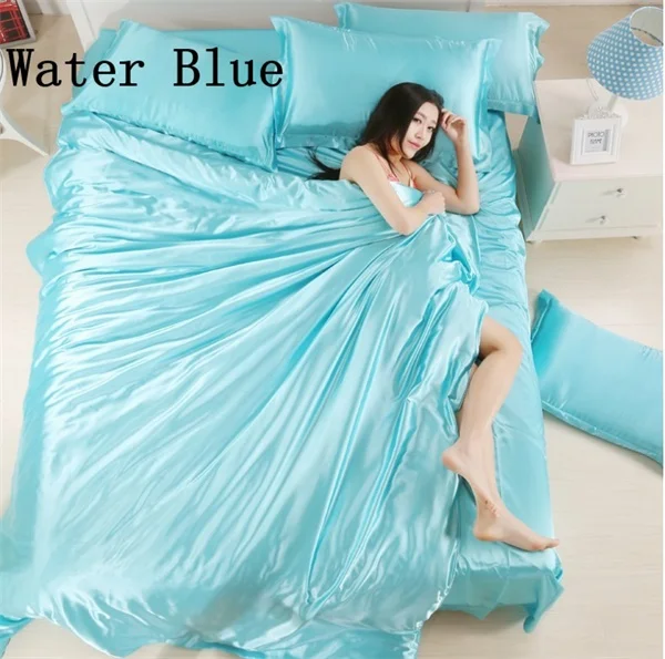 water blue 3/4 предмета в комплекте из натурального шелка Однотонная Одежда Постельное белье комплект с мультипликационным мотивом DuvetCover плоский лист - Цвет: water blue
