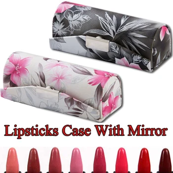

Leather Case for Lipstick with Mirror Traditional Chinese Flower Design Jewelry Support Box Cosmetic Storage Case for Travel