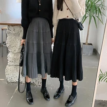 Элегантные гофрированные длинные юбки женские уличные зимние шерстяные юбки с высокой талией размера плюс Корейская женская черная юбка jupe femme