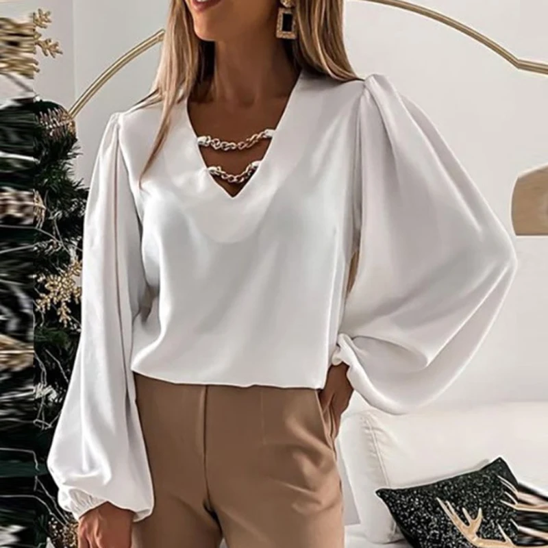 Precio reducido Blusa informal holgada de oficina para mujer, camisa de manga larga con cuello de pico y cadena de Metal, Color liso, para otoño jYQOMLVVoJL
