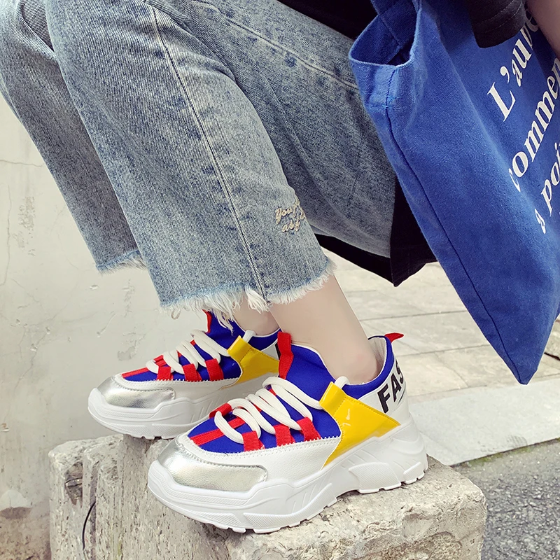 

Mixed Color Upper Chunky Trainers Women Autumn High Platform Sneakers Ladies Casual Shoes Non-slip Thick Soled Sneakers