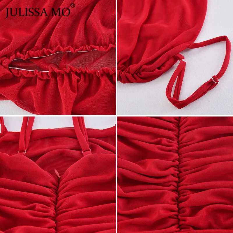 JULISSA MO 2 слоя сетки белое летнее платье для женщин Спагетти ремни Bodycon Ruched платье без рукавов сексуальные вечерние домашние женские платья XS
