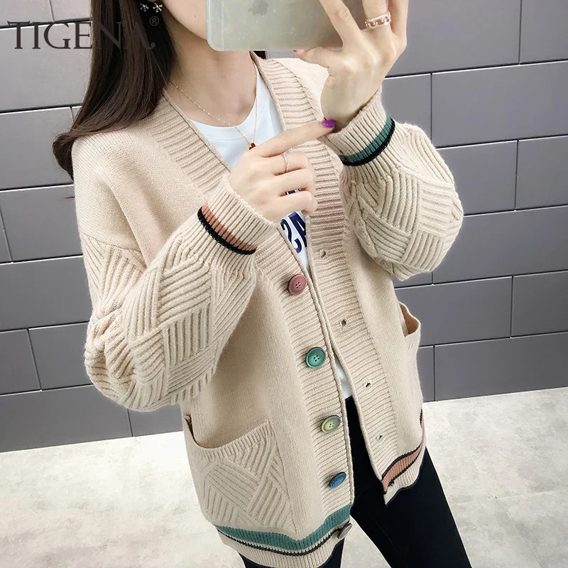 Prix TIGENA femmes tricoté veste 2019 automne hiver lâche à manches longues Cardigan pour les femmes avec simple boutonnage poche Cardigan femme