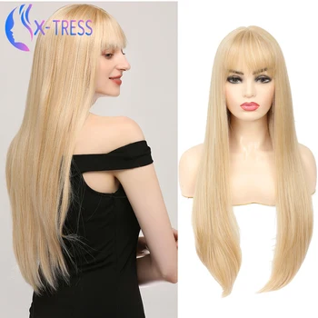 

Synthetic Blonde Wigs For Women Fully Soft Middle Part Long Straight Hair Heat Resistant Fiber Colorful X-TRESS Cosplay Wig