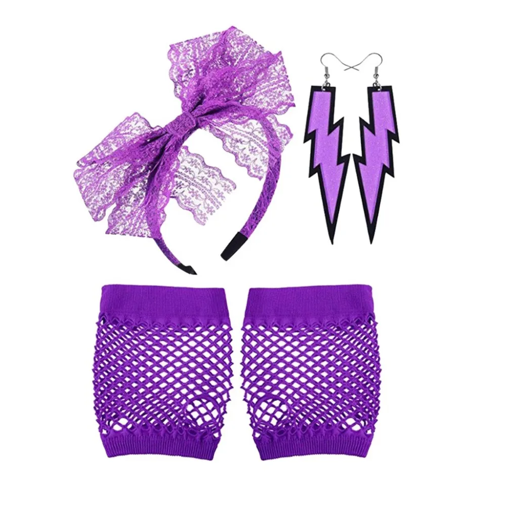 Women Fashion Lace Headband Neon Earrings Fingerless Fishnet Gloves For 80's Party guantes eldiven handschoenen  (1)