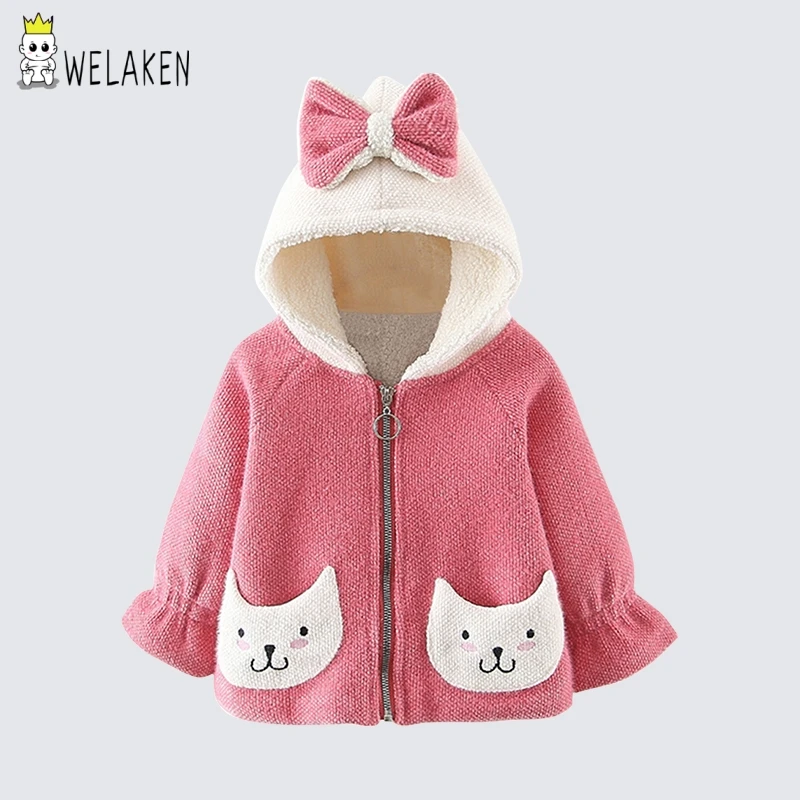 WeLaken/новые детские пальто и куртки с героями мультфильмов одежда для малышей модная куртка с капюшоном и длинными рукавами для девочек, пальто с бантом для маленьких девочек