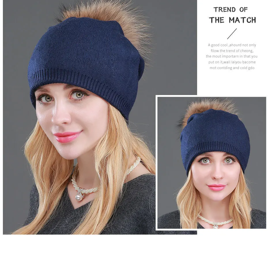 High Quality Women Dual layer Wool Knitted hats with big Real Fur Pompoms Warm Slouchy beanies hat ladies Fashion Skullies