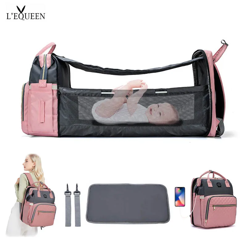 

Lequeen 3 in 1 Diaper bag Baby crib foldable Backpack Travel bag Free stroller hooker Diaper PAD USB charge Baby accessories