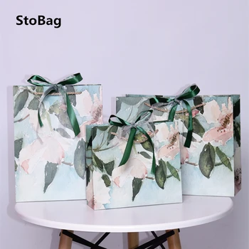

StoBag 5pcs Protable Paper Bag Gift Baking Biscut Packaging Decoration New Year Gift Handle Bag With Ribbon oil painting Flower