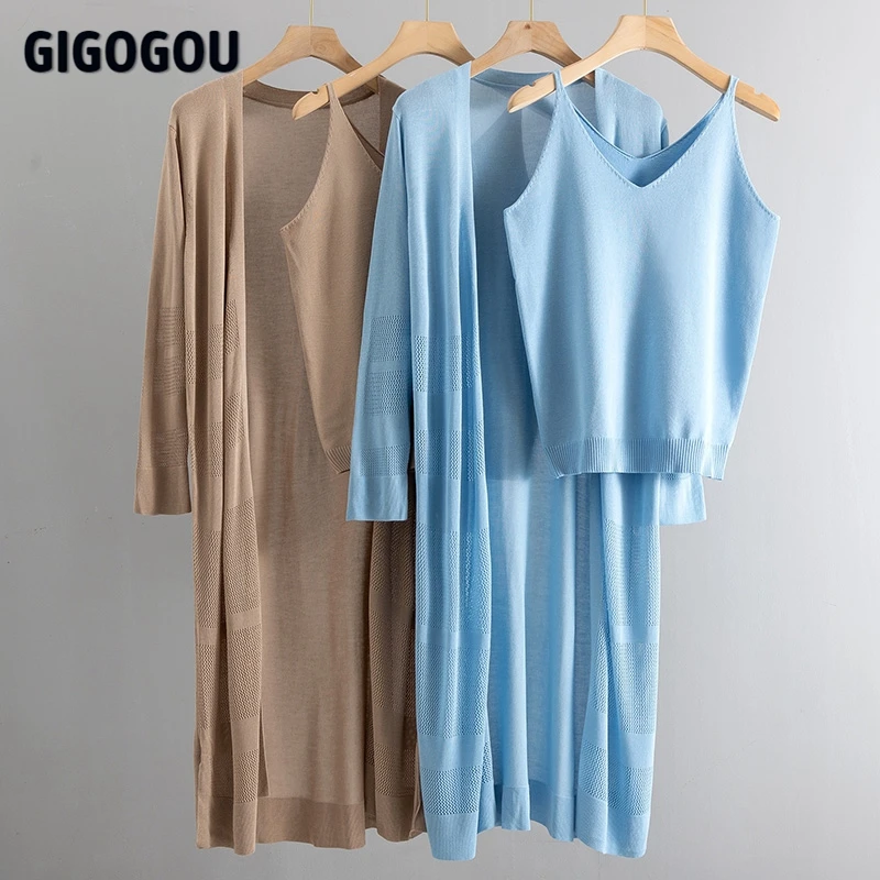 GIGOGOU-cárdigan ahuecado para mujer, suéter de primavera y verano, blusa Lisa abierta, Tops + Camiseta sin mangas, chándales, conjunto de 2 uds.