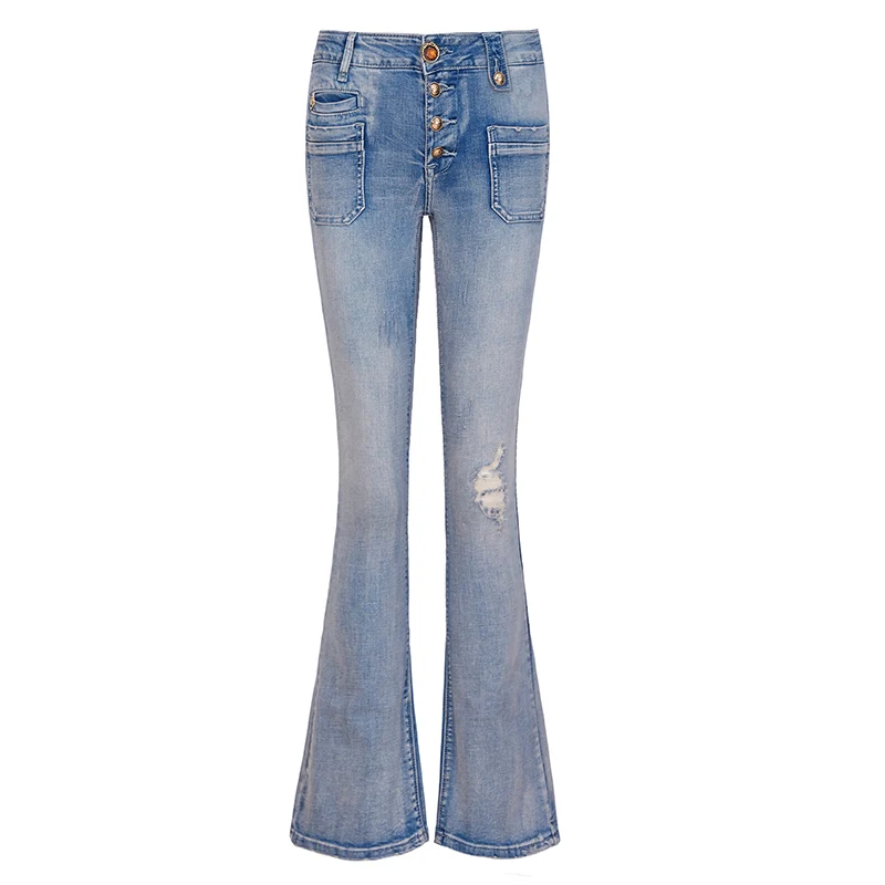 Женские джинсы тонкие осенние с высокой талией однотонные ботинки с вырезами брюки джинсы женские 1102 - Цвет: Синий
