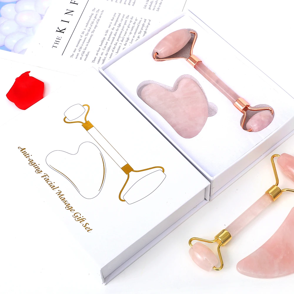 

Rose Quartz Face Massage Roller Jade Crystal Stone Facial Lift Jade Massager Roller Set Skin Care Wrinkle Removal Tool For Women