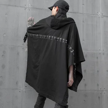 

Men Punk Gothic Outerwear Coat Cloak Ribbon Splice Hooded Shawl Jacket Cardigan Male Women Hip Hop Streetwear Stage Clothing
