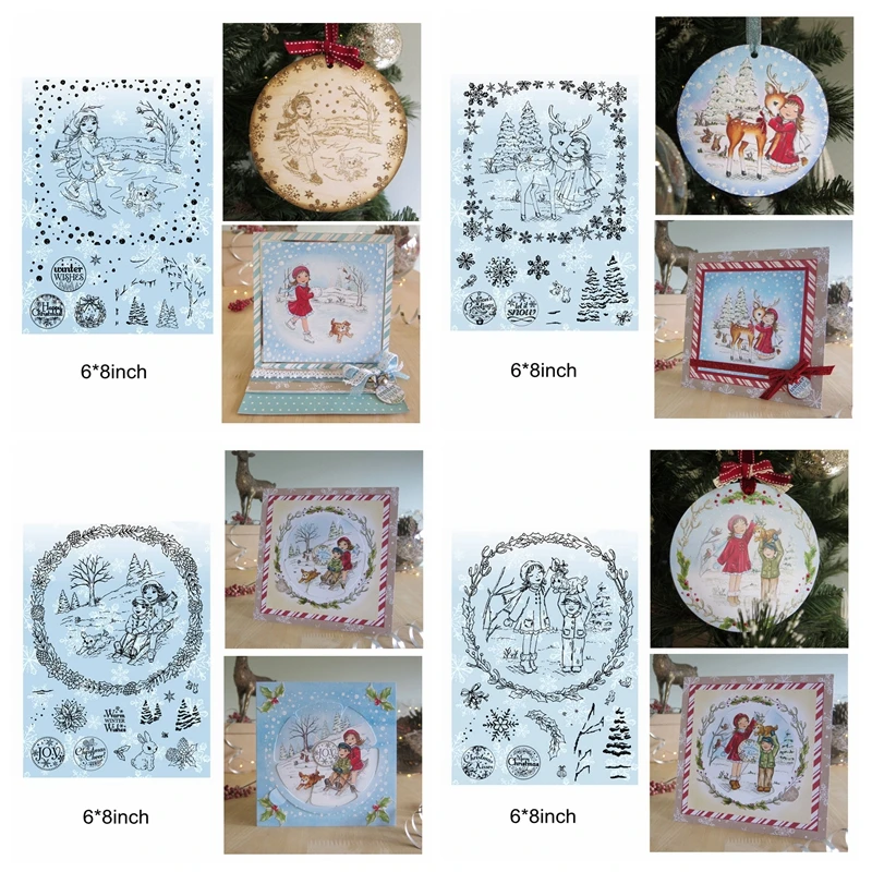 

Merry Christmas Wearth Flower Human Snowflake Tree Deer Skating Toboggan Clear Silicone Stamps Diy for Scrapbook Handcraft Cards