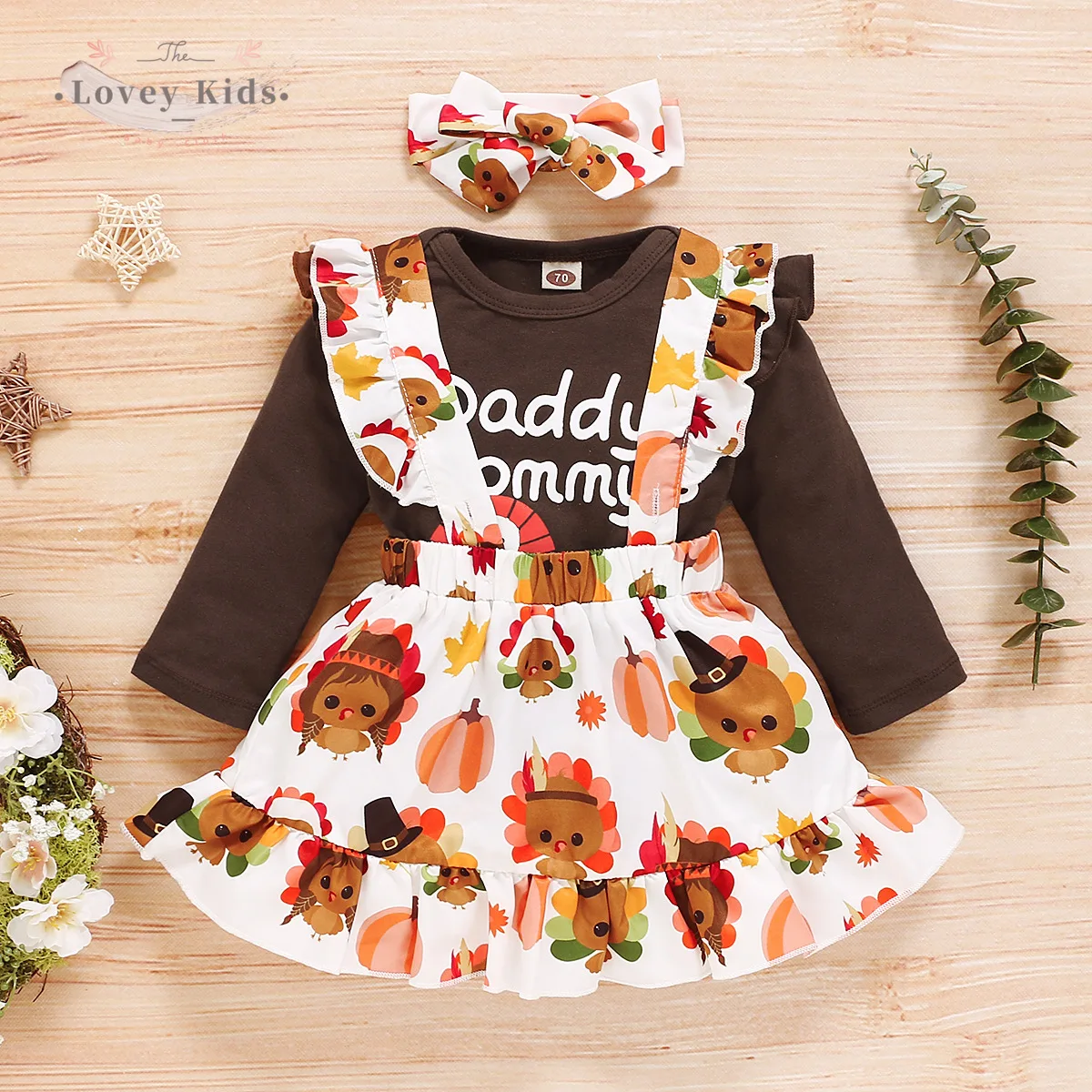 

2021 Thanksgiving Day Baby Girl 3PCS Set Newborn Turkey Print Long Sleeve Ruffle Bodysuit Skirts Headband Outfit 0-24M