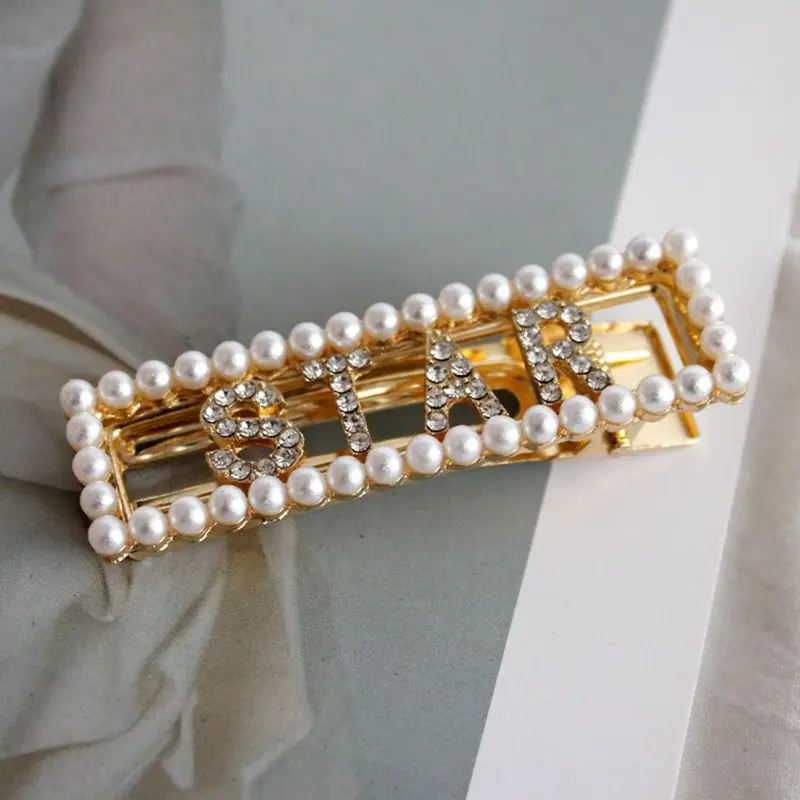 6 Pcs/set New Girls Artificial Pearl Hairpin Rectangular Duckbill Clips Fashion Women Rhinestone Letter Hair Clip M7DD