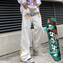 Pantalones vaqueros holgados de pierna recta para mujer, pantalón bordado de terciopelo con estrellas amarillas y azules, Hip Hop, para monopatín