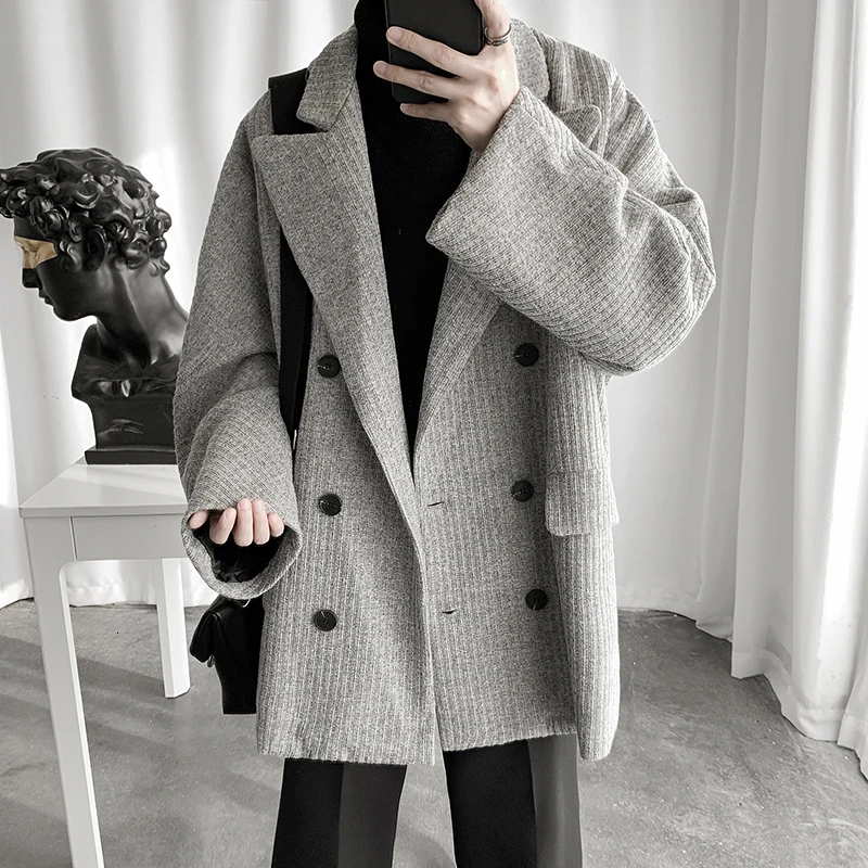 gray EWQ/ Новое модное осеннее двубортное пальто в полоску с воротником для мужчин, свободное повседневное корейское пальто Erkek mon Tide 9A159 - Цвет: gray
