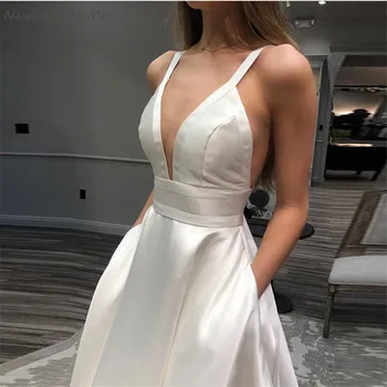 

Sexy A Line Wedding Dresses Spaghetti Straps Backless Elegant Deep V Neck Satin Chapel Train Women Bridal Gown Robe De Mariee