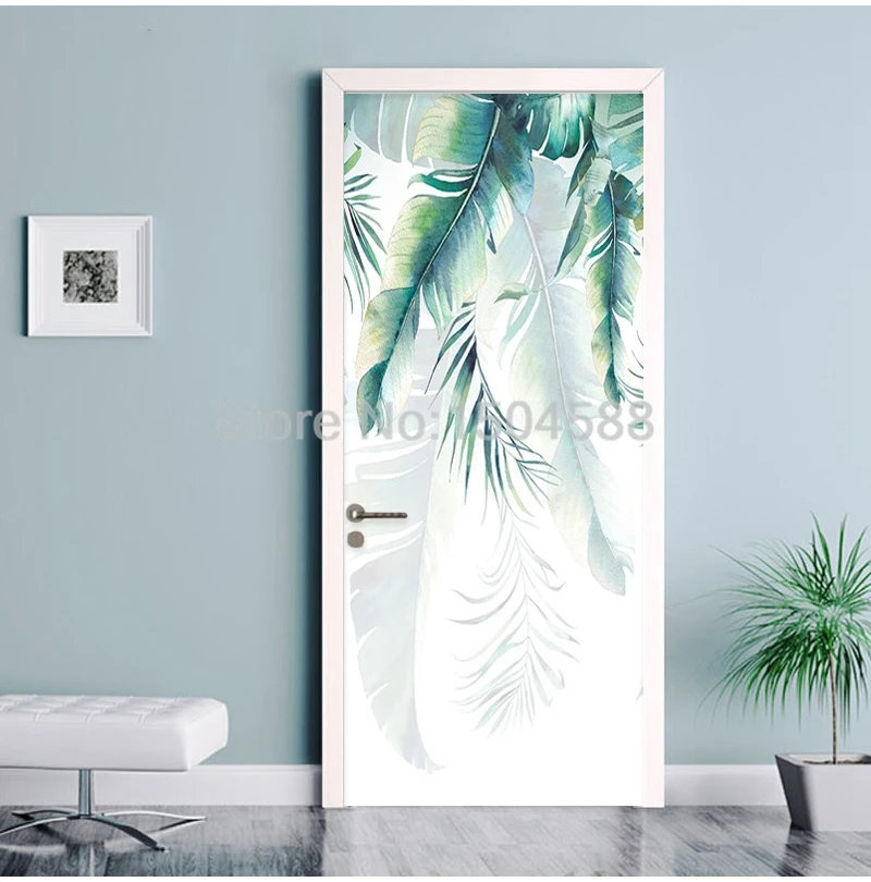 Self-Adhesive Door Sticker 3D Hand-painted Banana Leaves Mural Wallpaper Waterproof Vinyl Door Poster Living Room Bedroom Decals