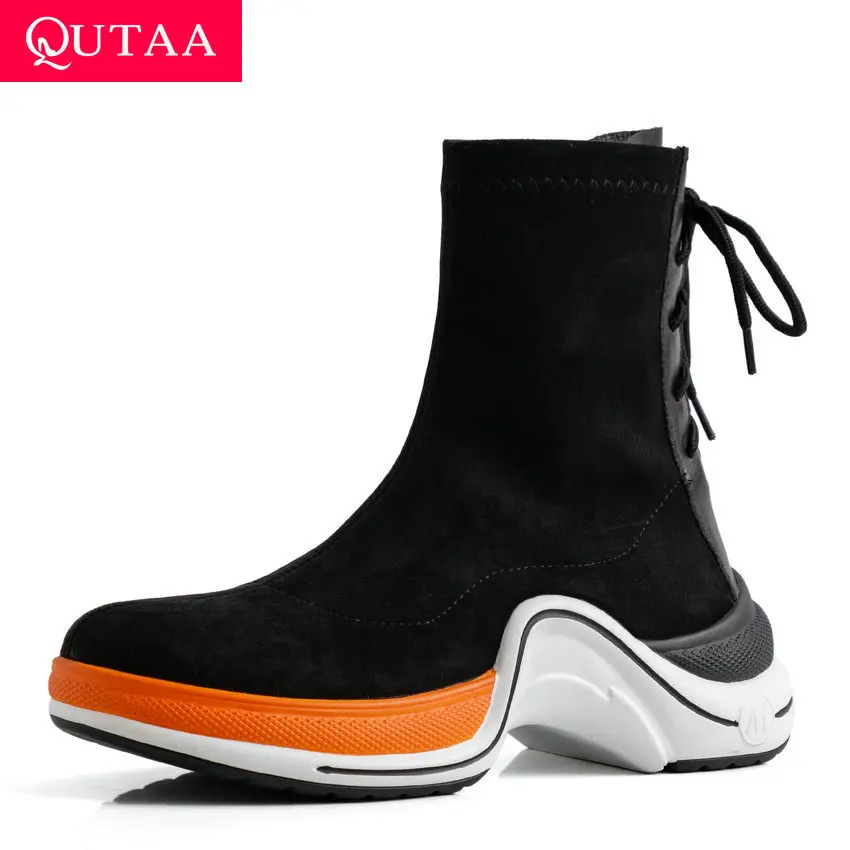 

QUTAA 2020 Wedge High Heel Round Toe Lace Up Fashion Mid Calf Boots Cow Leather Flock Platform Leisure Women Shoes Size 34-40