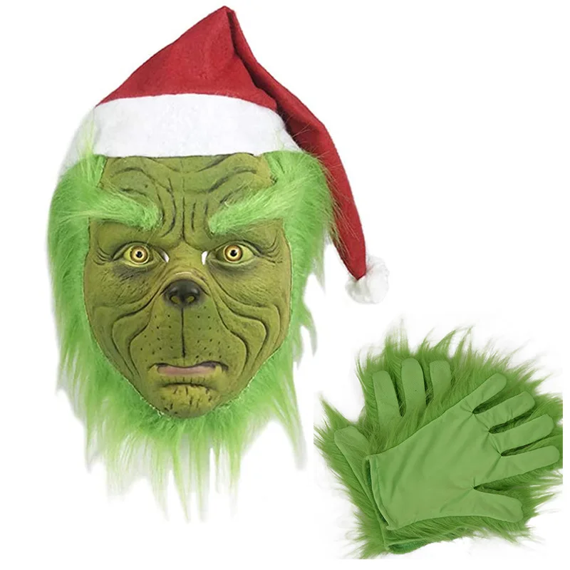 Máscara Geek navideña de pelo verde Grinch, tocado de látex para fiesta