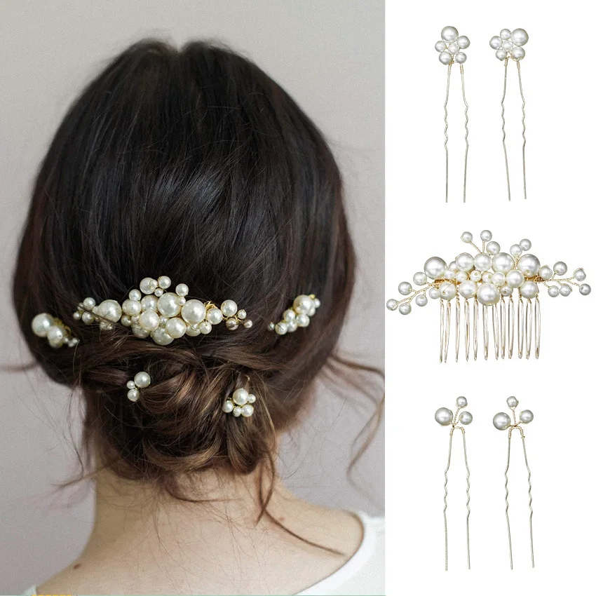 Vintage Baroque Large Pearl Hairpin Bride Hairpin Comb Hairpin European Style Design Marriage Headdress Hair Ornaments Set