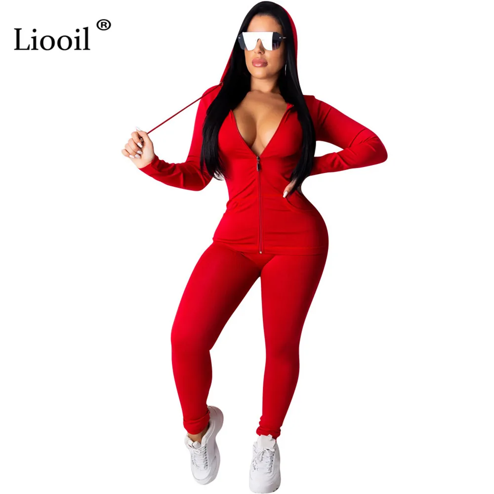 Liooil неоновая зеленая Оранжевая женская одежда из двух частей спортивный костюм осень с длинным рукавом с капюшоном на молнии Толстовка Спортивные штаны комплект