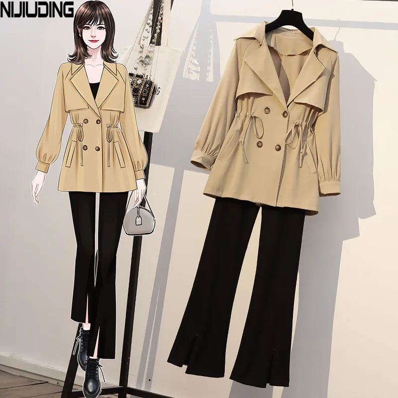 

NIJIUDING women's set 2020 autumn new moda mujer rompevientos high waist Two-piece suit female Windbreaker coat Single Breasted