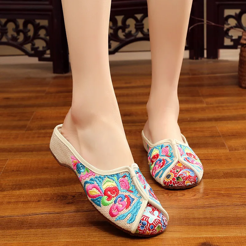 

2019 Summer New Products Old Beijing Embroidery Slipper Joint Closed-toe Elevator Sandals Canvas Shoes