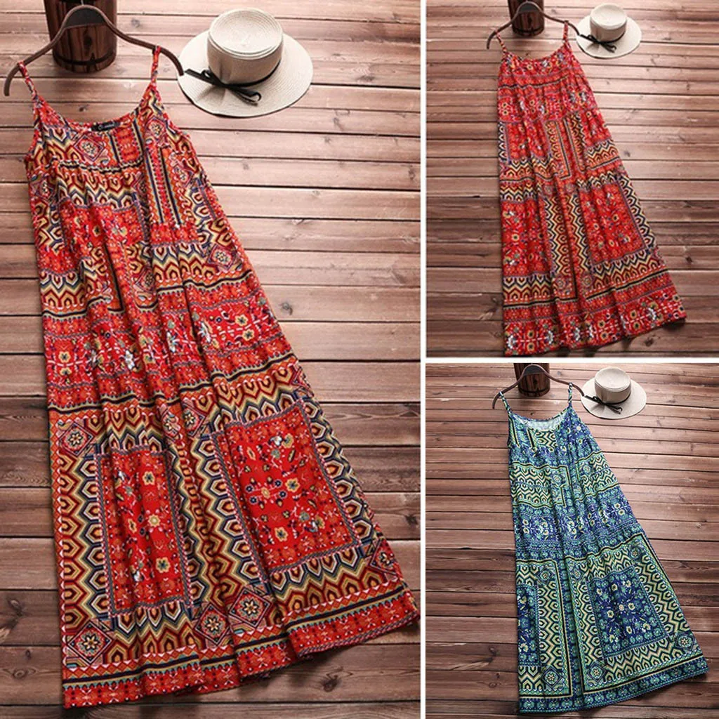 Модное женское длинное платье на бретельках богемное с цветочным принтом