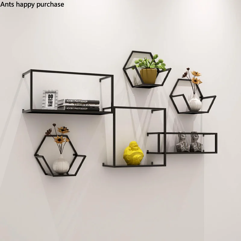 Iron Wall Storage Rack Decoration Shelf Hanger Bookshelf Potted Plant Frame Wall Decoration Wall TV Wall Decoration Black Square