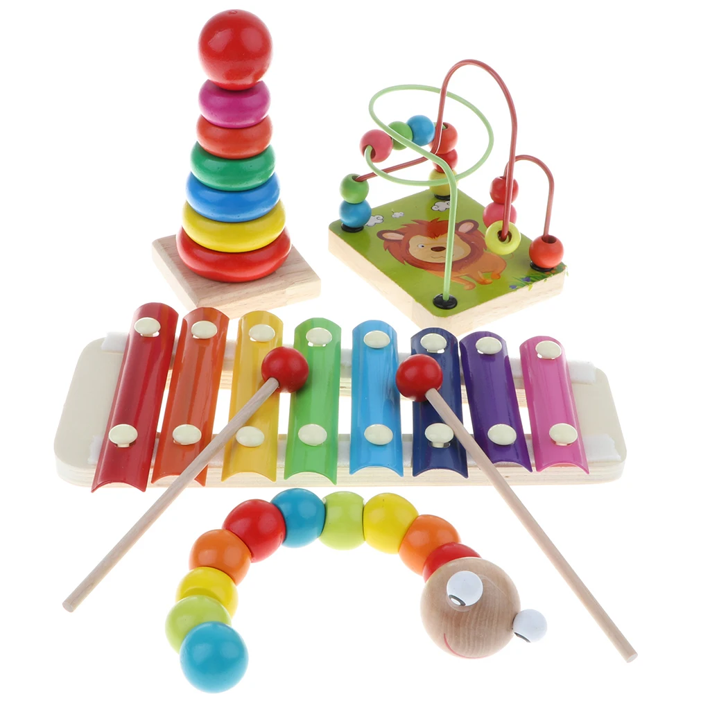 Set of 4Pcs Wooden Montessori Development for baby - Percussion Xylophone Round Bead Rollercoaster Sensory Teaching Aids Toy #A