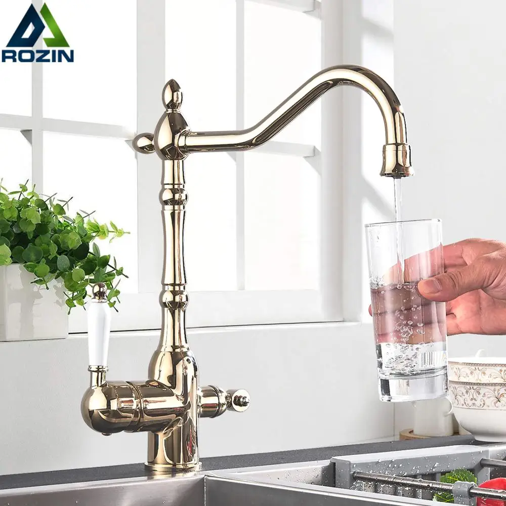 

Golden Water Filter Kitchen Faucet Two Handle Kitchen Drinking Water Faucet Brass Swivel Spout 3 in 1 Water Purifier Sink Faucet