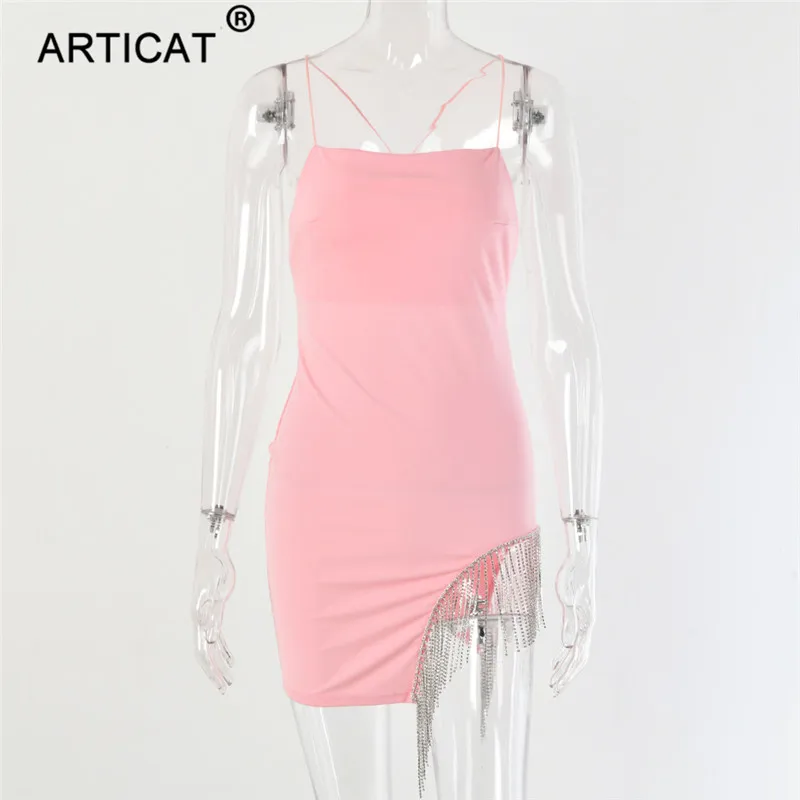 Articat пикантная бахрома; алмазы вечерние платье Для женщин на тонких бретелях с низким вырезом на спине Разделение Bodycon платья для Для женщин Элегантное летнее платье - Цвет: Розовый