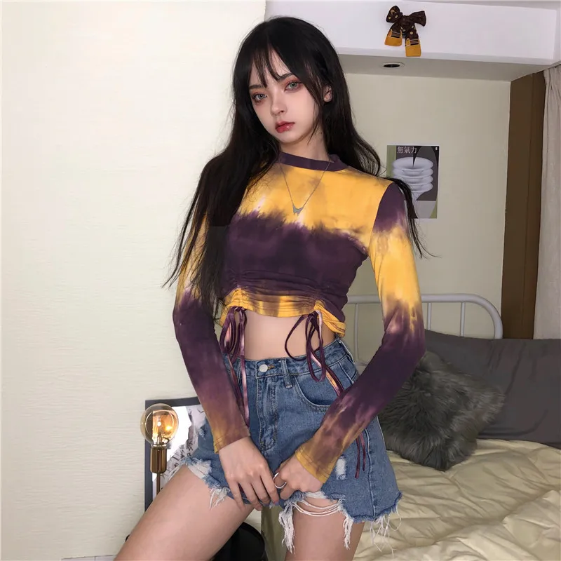 New Women's Tie-dye Top Long Sleeve Round Neck Short Lace T-shirt Slim Fit Sexy Pullover 2020 Lady Party Wear