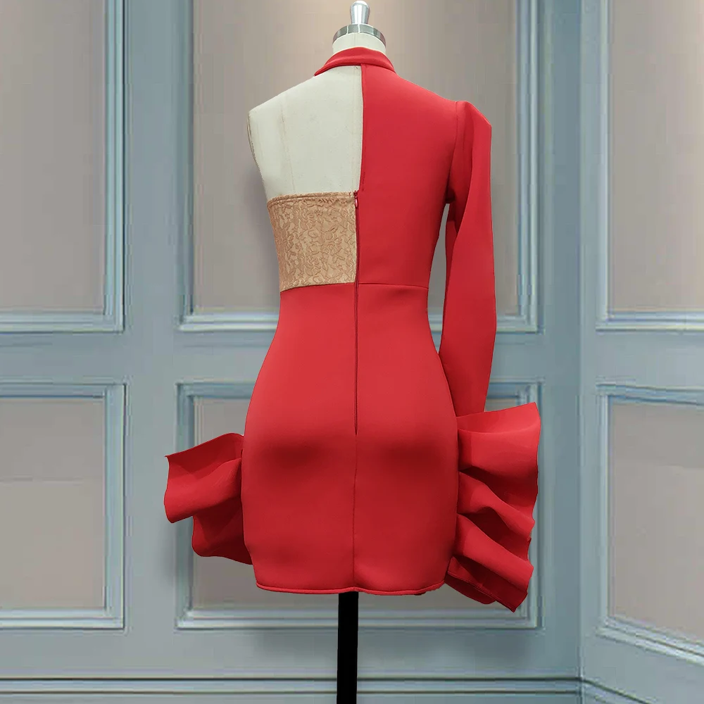 Ceny Sukienki na przyjęcie bożonarodzeniowe falbany koronkowe Patchwork koralik Sexy jedno ramię stok z długim rękawem kobiety Vestido Bodycon Backless świętuj