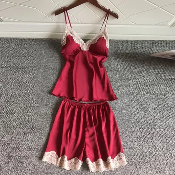 

Hot Women Sleepwear Pyjama Sets Sleeveless Strap Satin Top Nightwear Femme Sexy Summer Home Wear Sleep Wears #1&