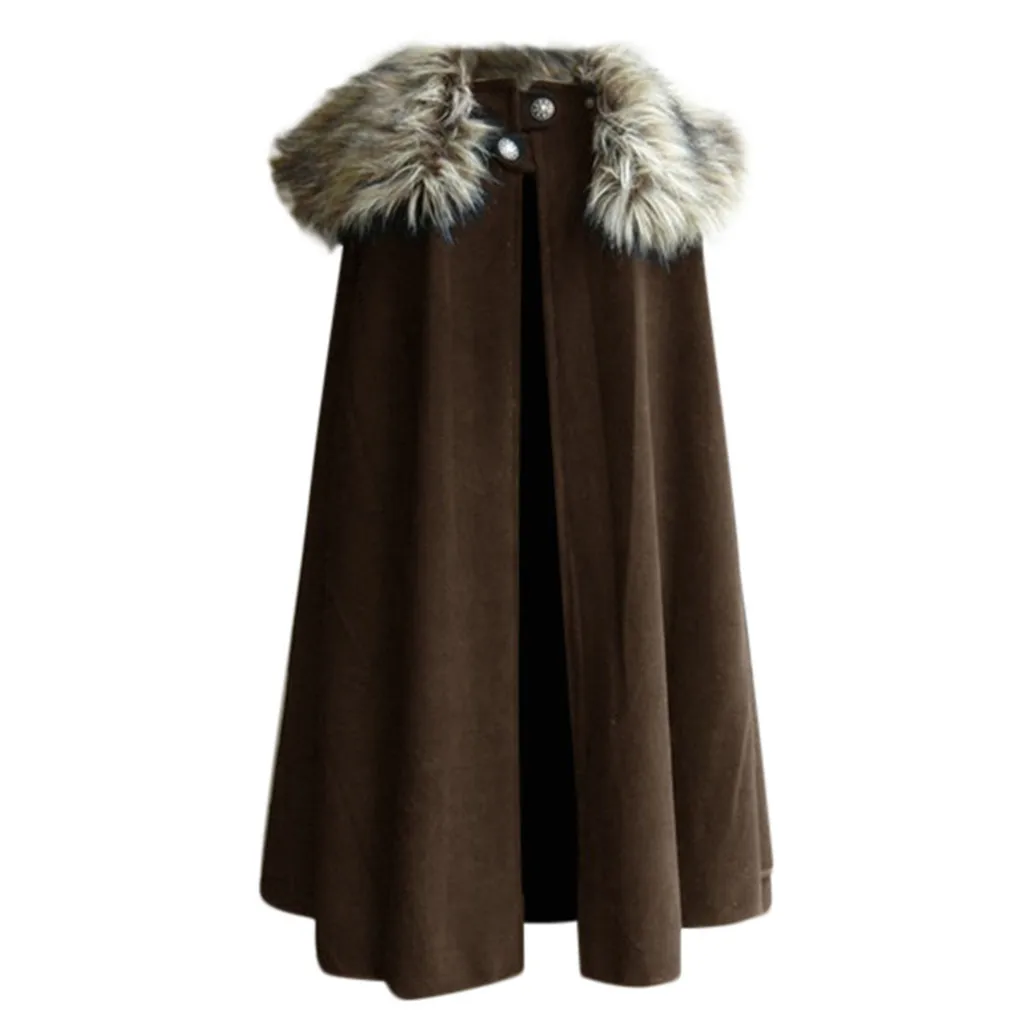 Игра престолов средневековое Мужское пальто зимнее пальто-накидка викинга винтажное пальто рейнджер Готический стиль меховой воротник плащ-накидка Джон Сноу - Цвет: Brown