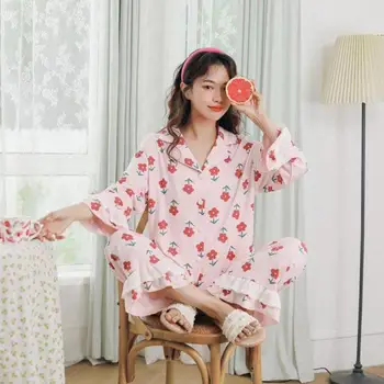 

Autumn New Women Sweet Pajamas Suit Long-sleeve Cardigan Print V-neck Pyjamas Loose Ruffle Lace Cotton Home Sleepwear 2pcs Set