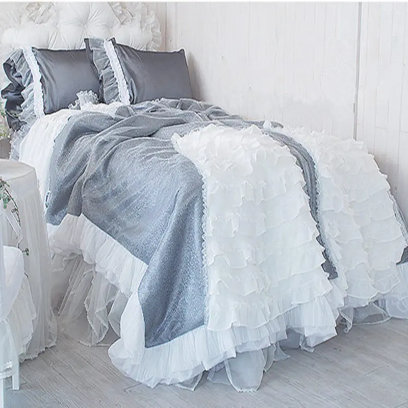 New luxury grey cake layers bedding set princess lace duvet cover