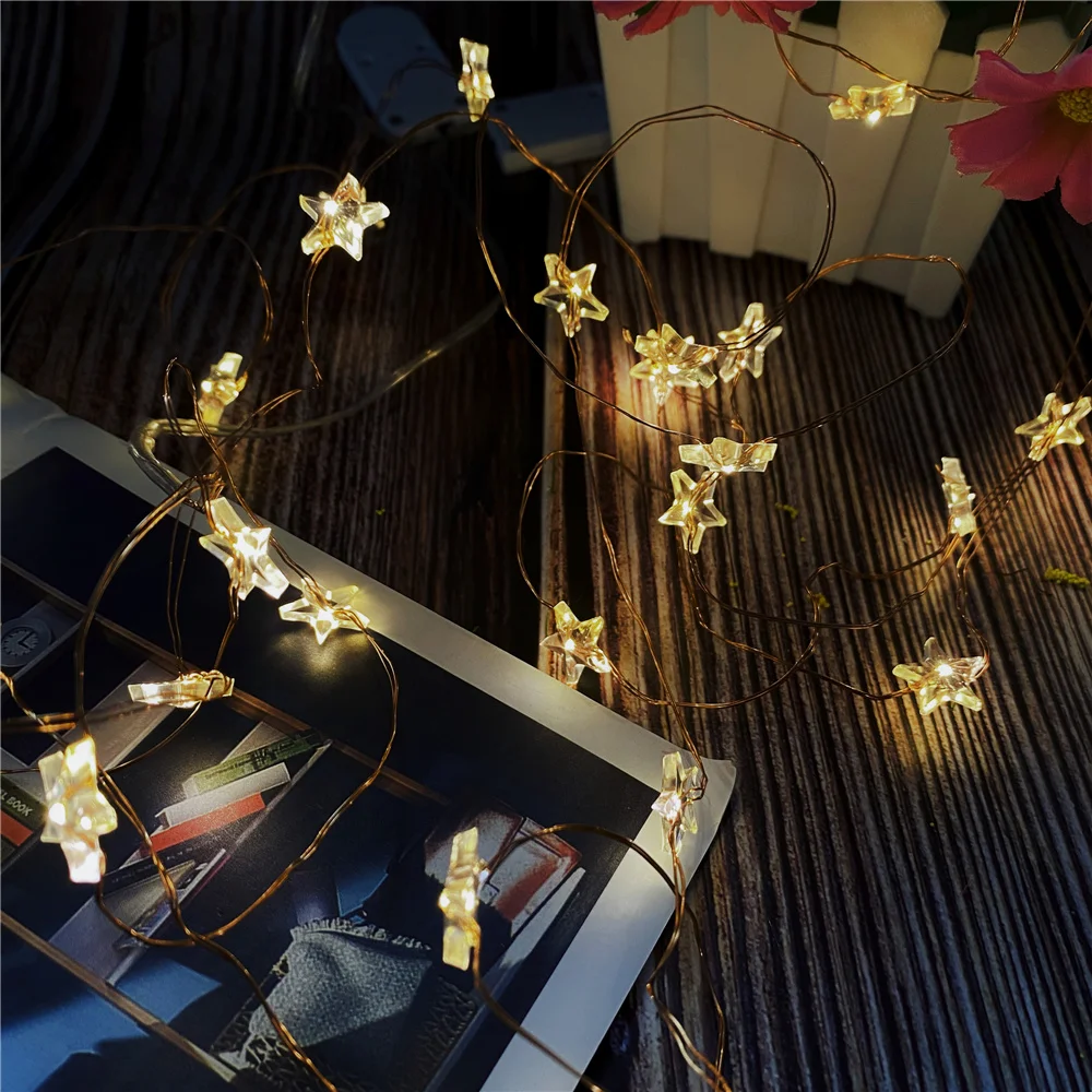 Star String LED Decor Lights CR2032 Operated Fairy Lights Copper Wire Light String Xmas Holiday Garland Home Party Decorative 2M