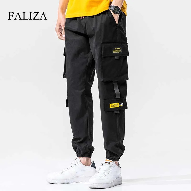 FALIZA Mens Cargo Pants Multi Pockets Ribbons Man Harem Khaki Black Casual Trousers Male Hip Hop Trendy Joggers PA34 | Мужская одежда