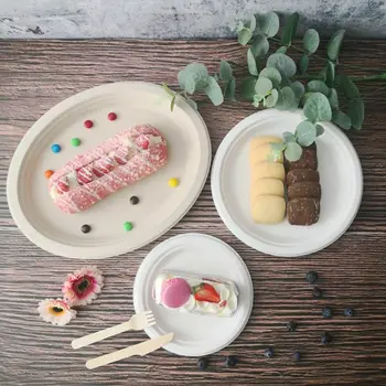

50PCS 10/12\" Disposable Compostable Plates Biodegradable Bagasse Oval Food Plate for Restaurants