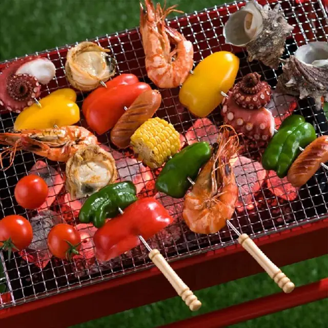 12Db/Beállított Újrafelhasználható Bbq Nyárs Fa Fogantyúval 30 Cm -Es Barbecue Tű Rozsdamentes Acél Lapos, Lekerekített Jel Opcionális Hús - Image 6